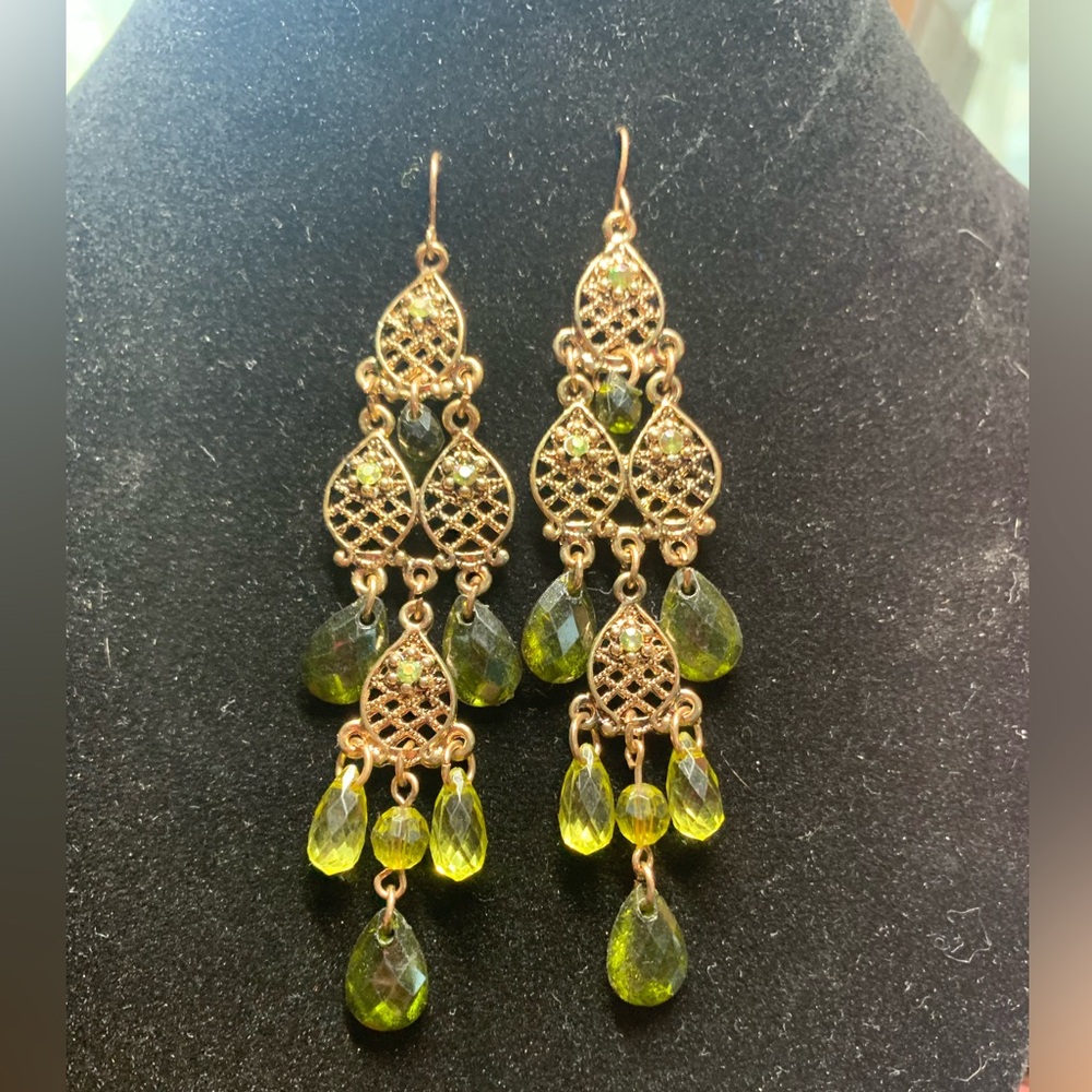 Green Teardrop Chandelier Earrings - Unbranded